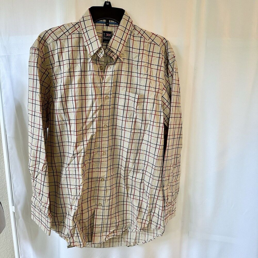 T. Harris London Button Down Shirt Men Medium Plaid Long Sleeve Tan Red Cotton